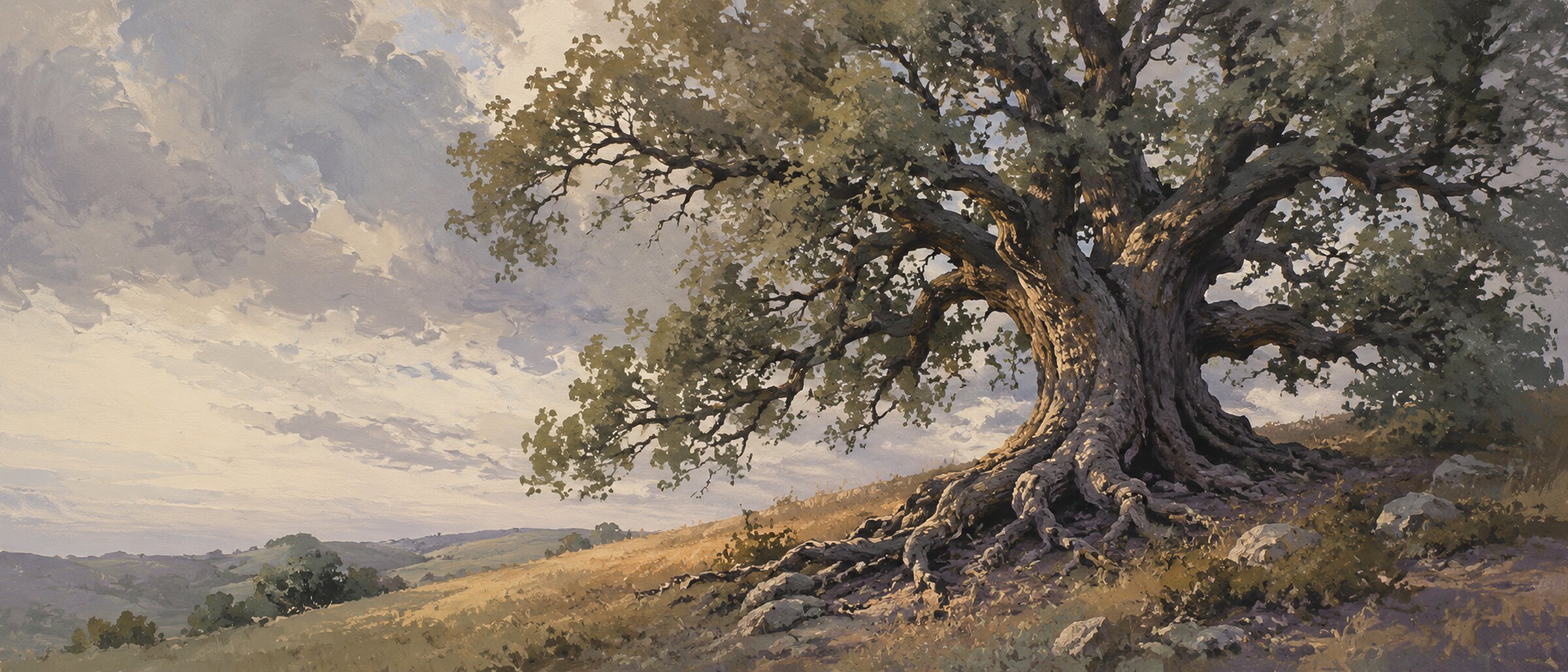 An old oak on a hillside, roots showing, painted in warm, washed tones
